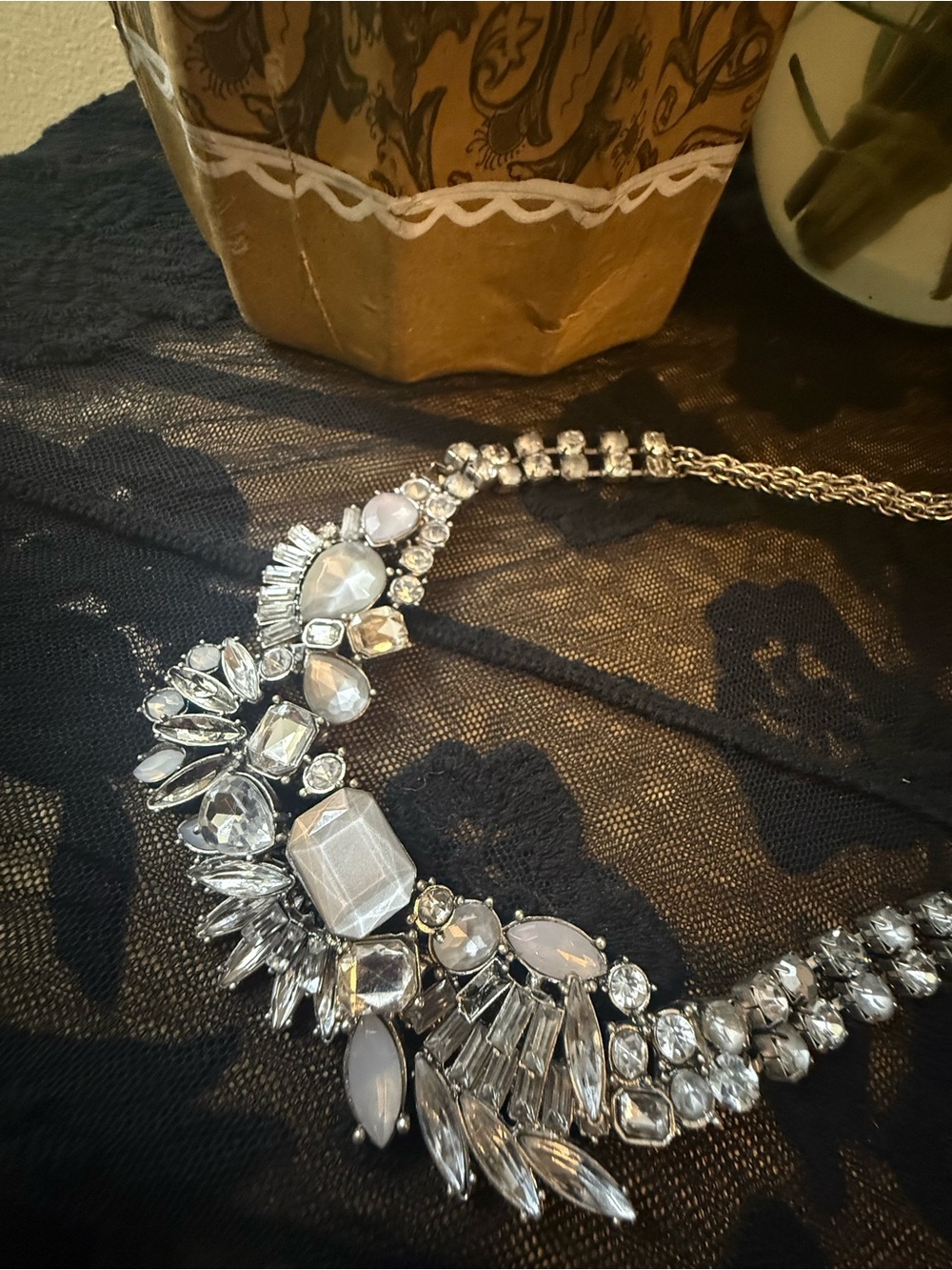 Statement Crystal Bib Necklace - Silver and White